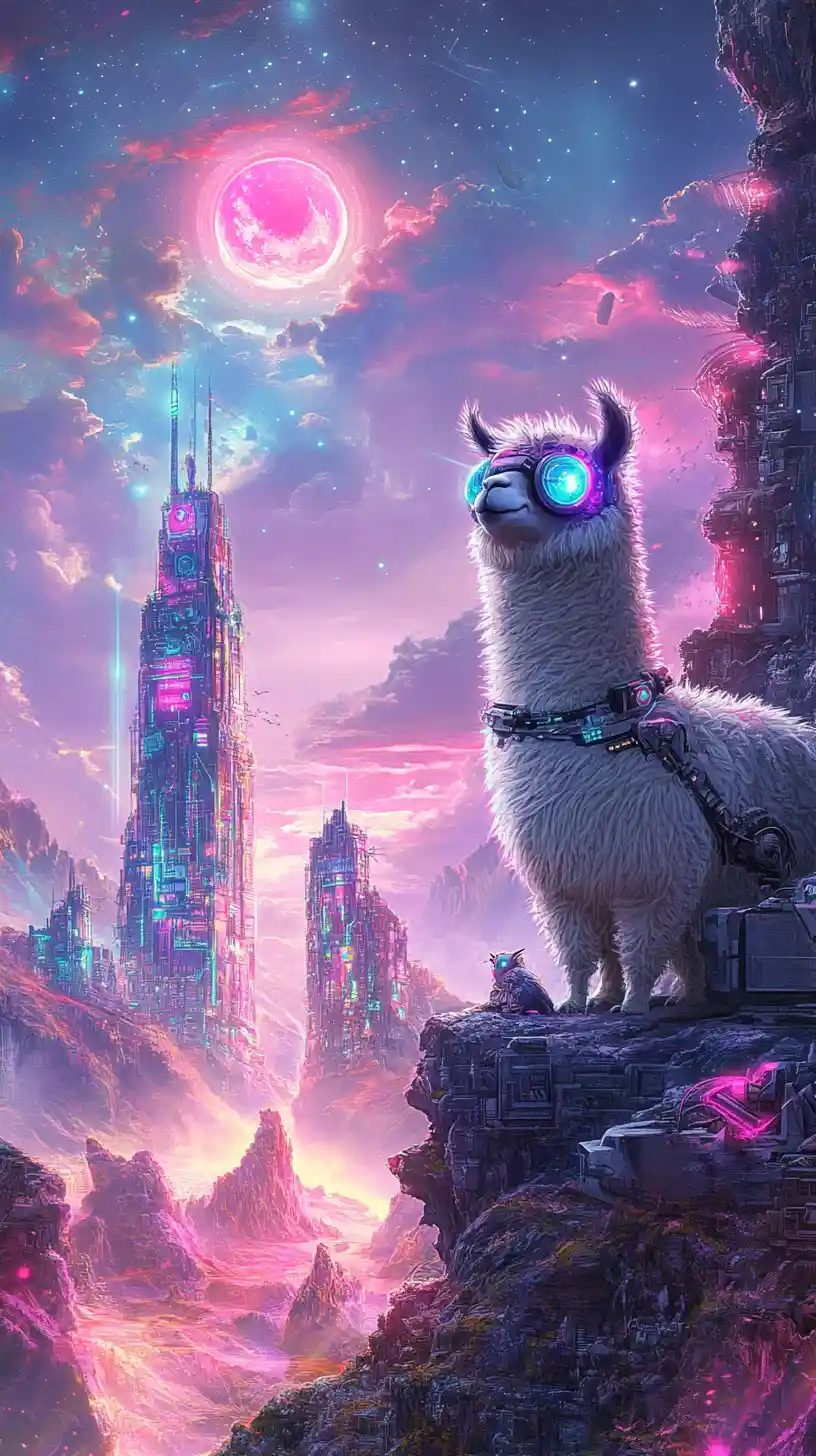 Alpaca viajante do tempo com coruja steampunk em paisagem surreal