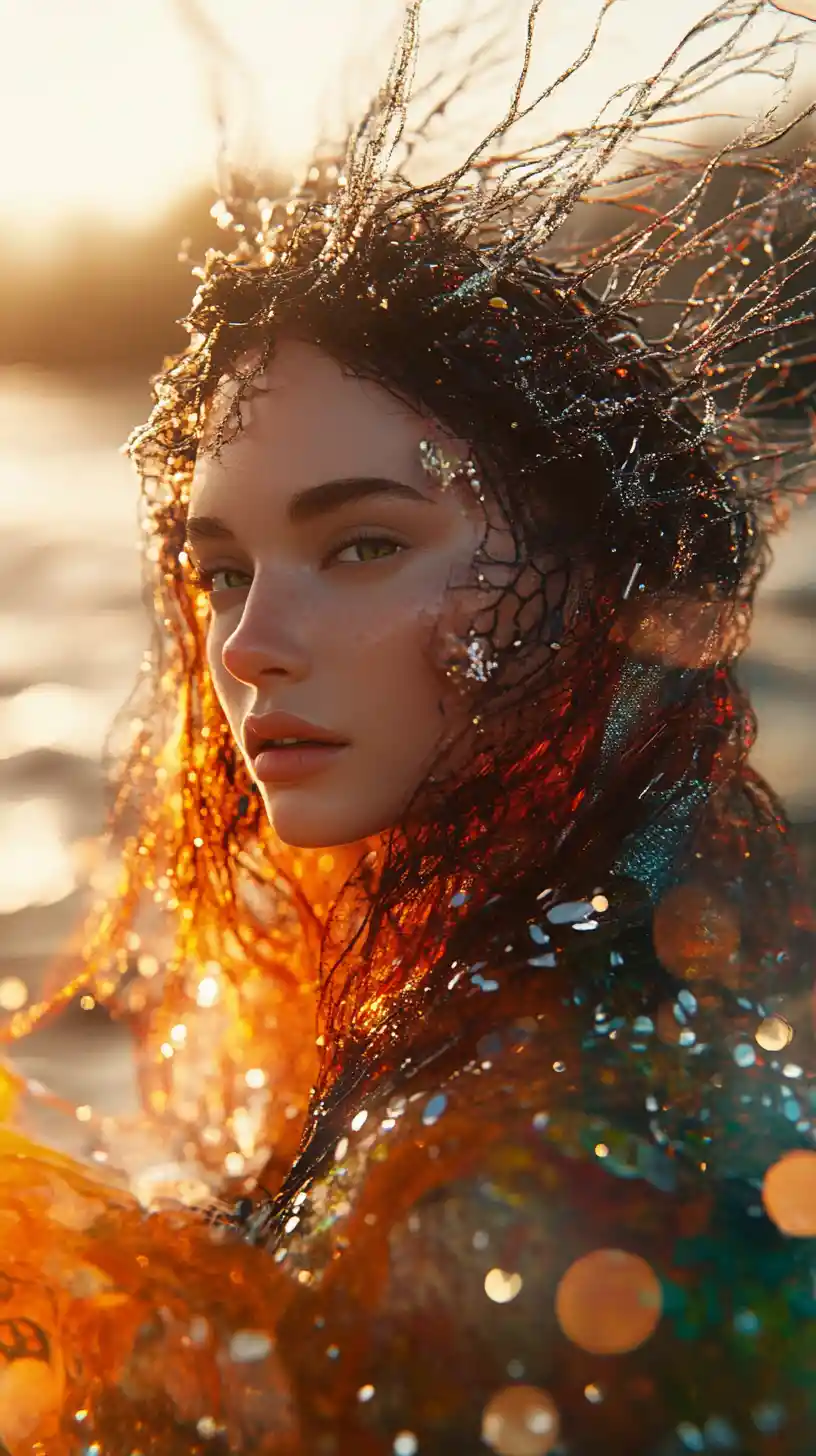 Futuristic woman in exoskeletal gown by glowing tidal pool