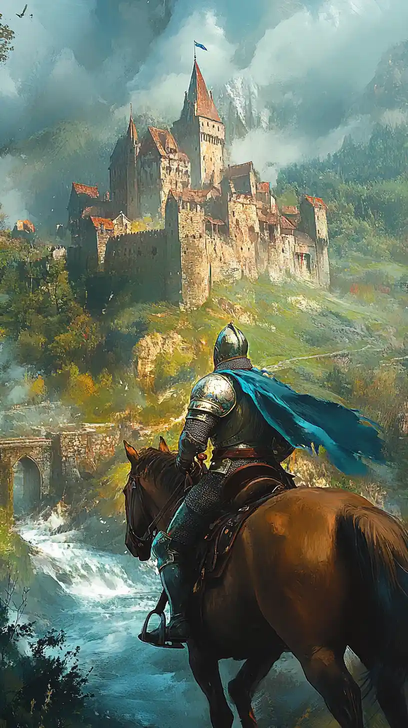 Caballero acorazado cargando hacia un castillo medieval lejano