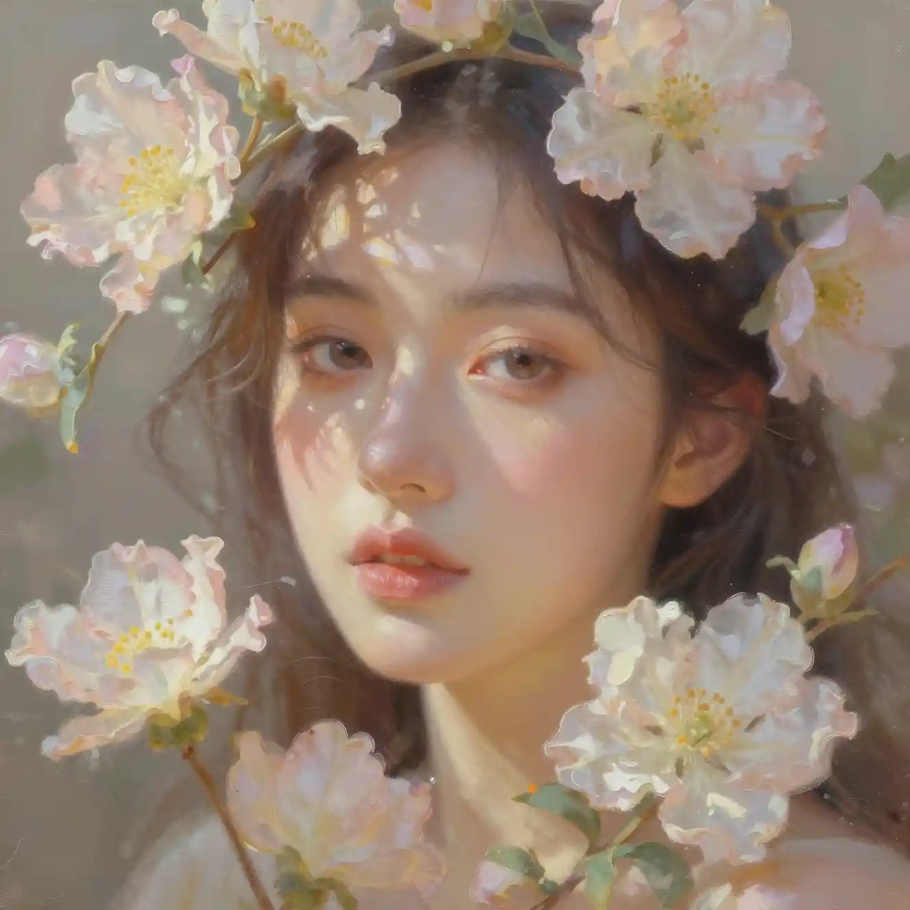 パステルの花と光に包まれた穏やかな女性のポートレート