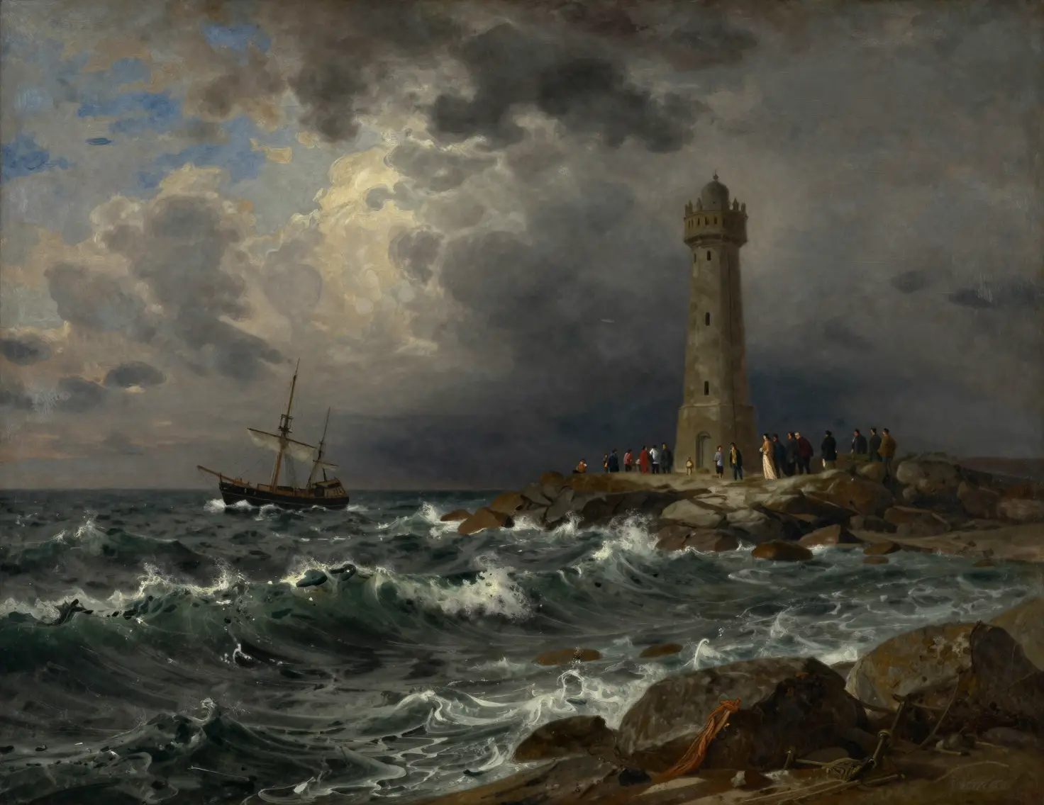 Stormy Sea With Ship And Tower On Rocky Coastline