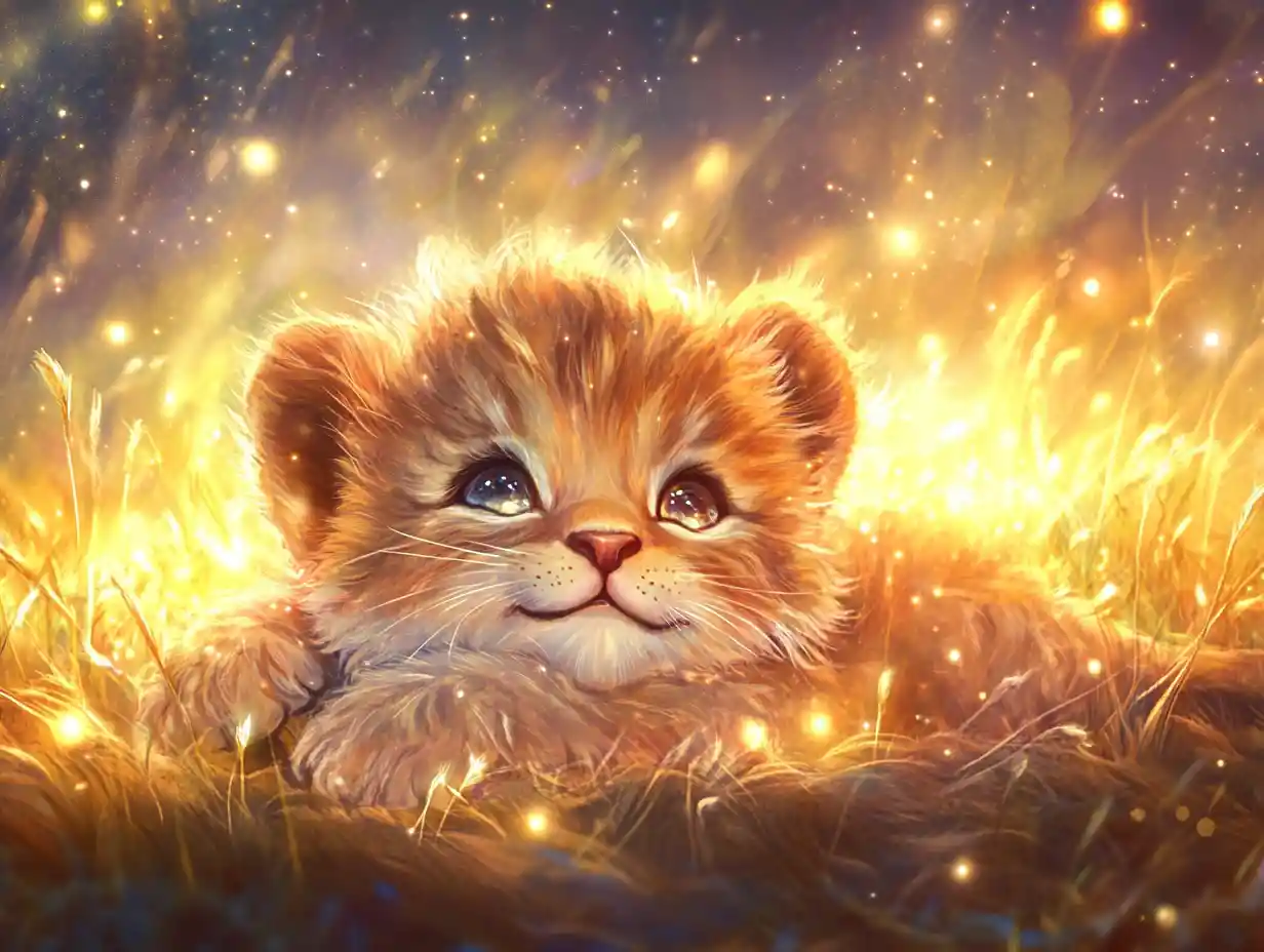 Dreamy baby lion cub resting on golden savanna grass