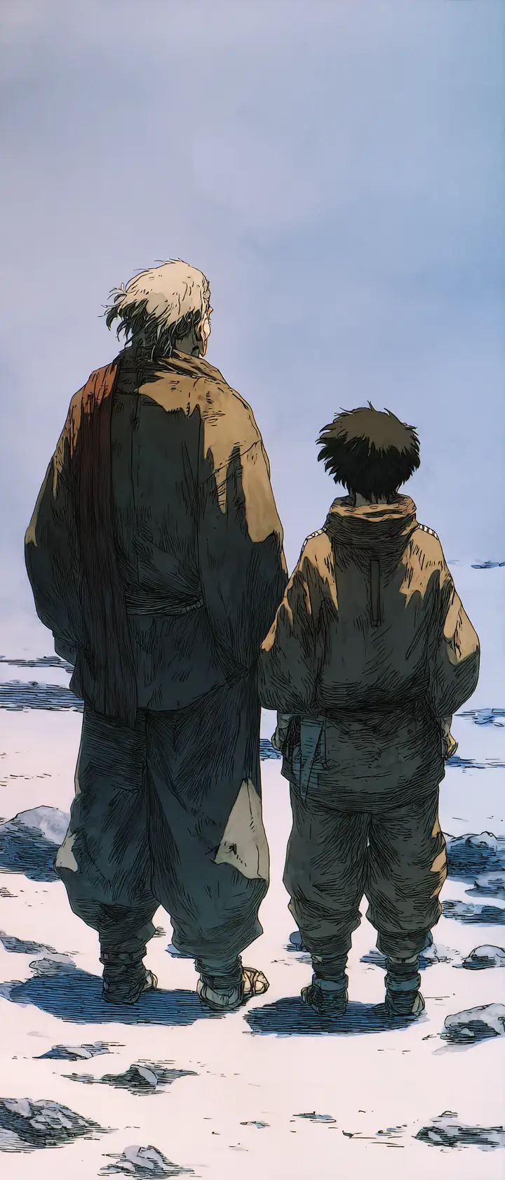 Two figures sharing a silent bond in snowy emptiness