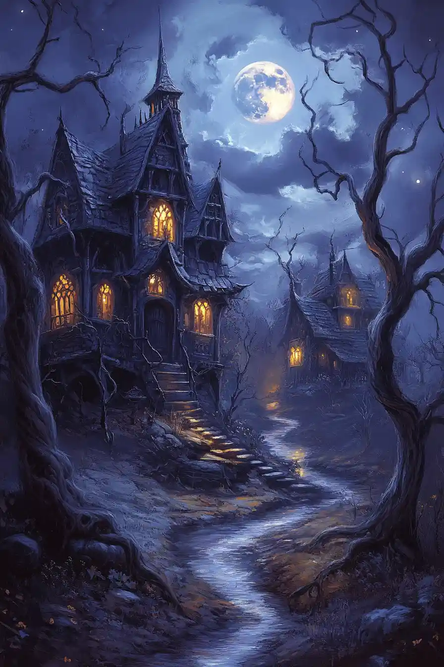 Haunting Gothic Houses Beside A Moonlit Winding Stream
