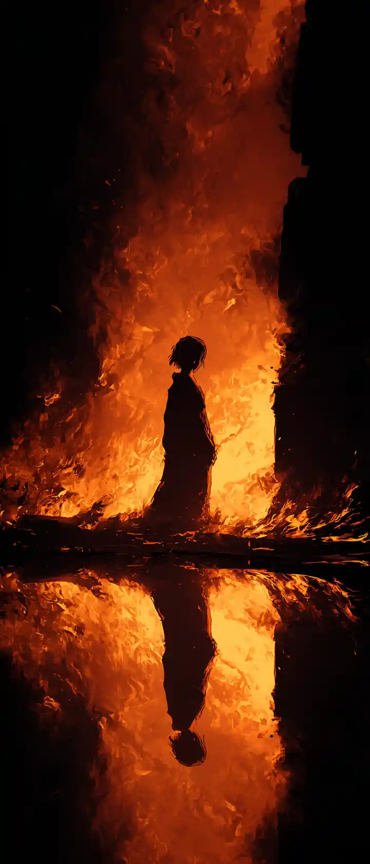 Woman silhouetted by roaring flames in dramatic anime art