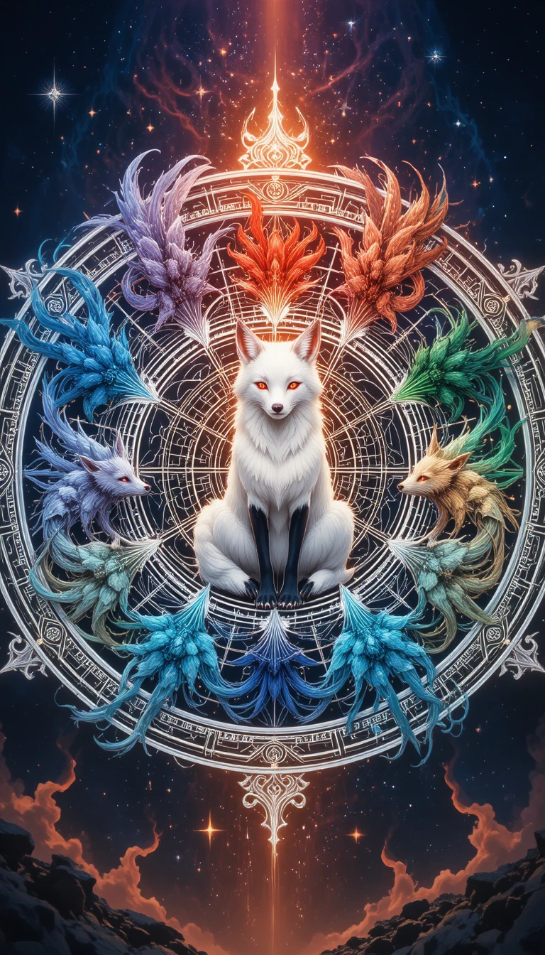 Mandala di volpe a nove code elementale in stile anime cosmico