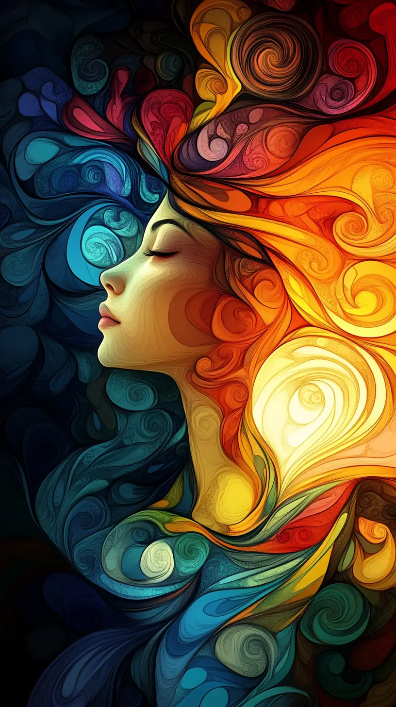 Surreal profile of a woman with swirling geometric hair
