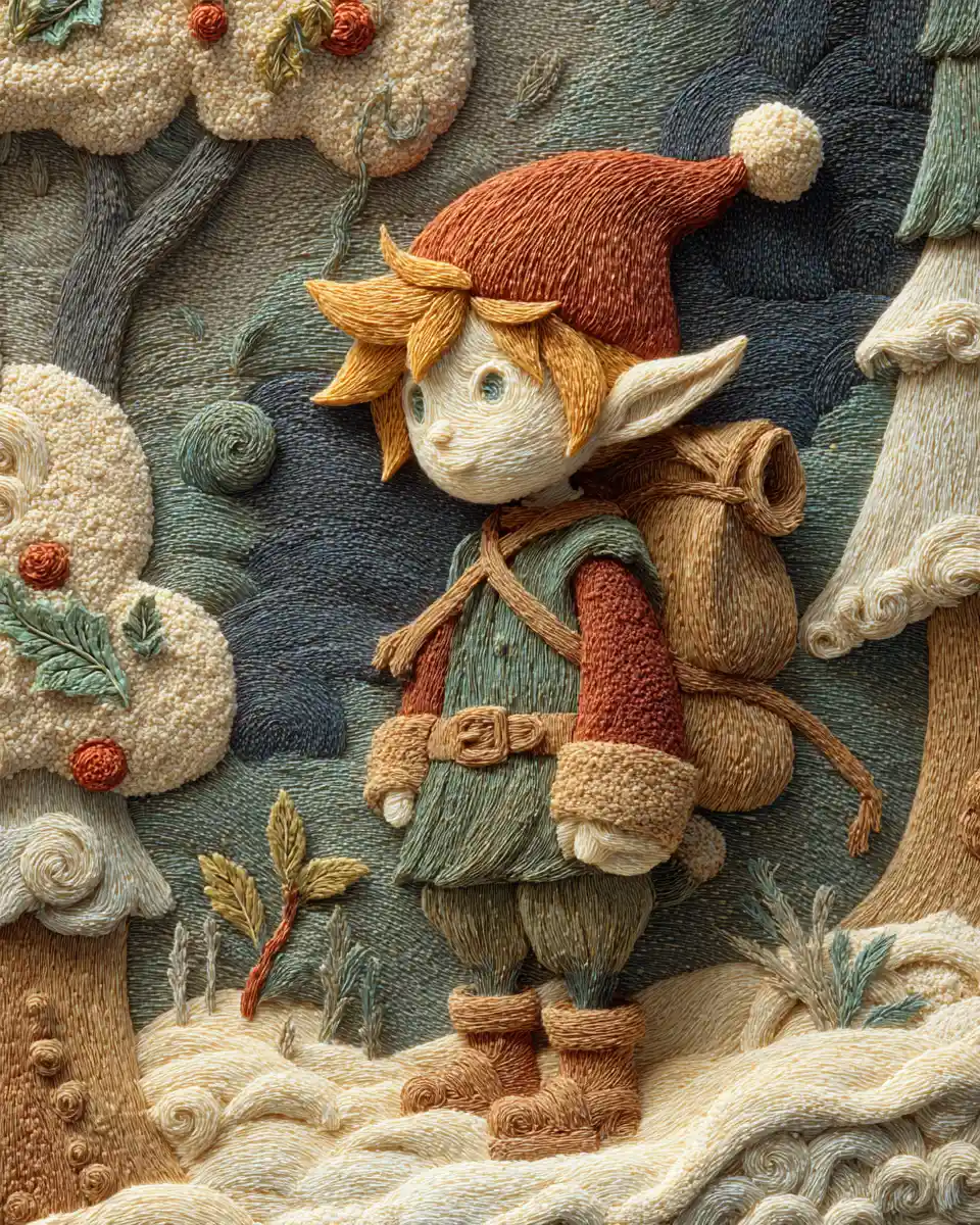Young christmas elf child in a snowy sand art forest