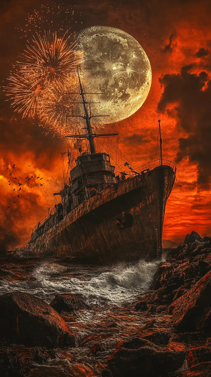 Rusty shipwreck under full moon and new year fireworks