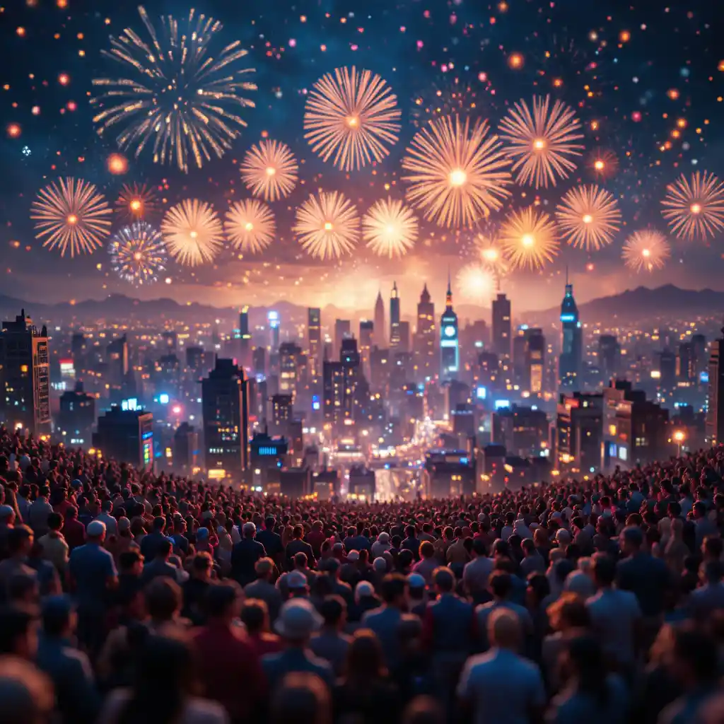 Miniatura di festeggiamenti di Capodanno sopra lo skyline vibrante di una megacity