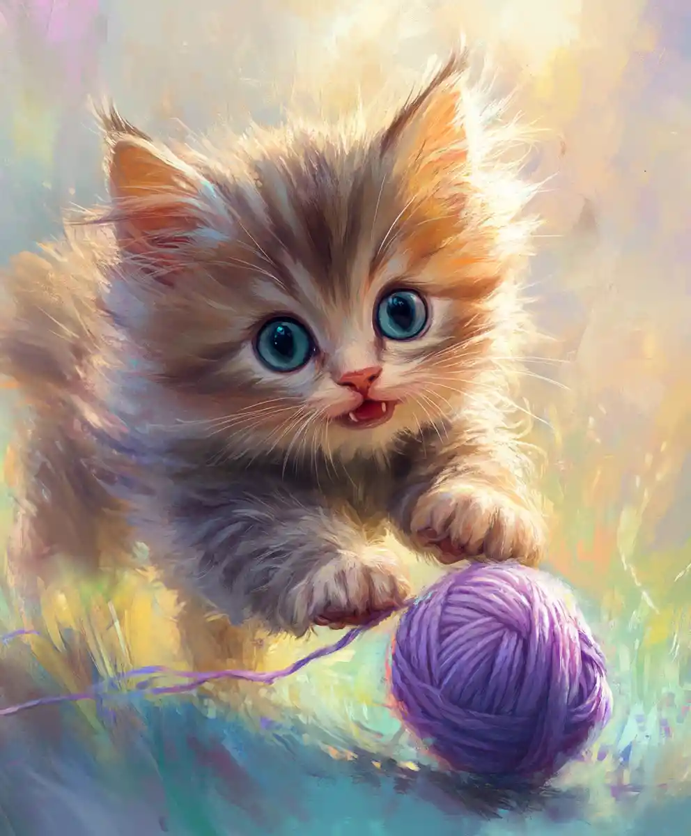 Tiny fluffy kitten chasing a ball of yarn