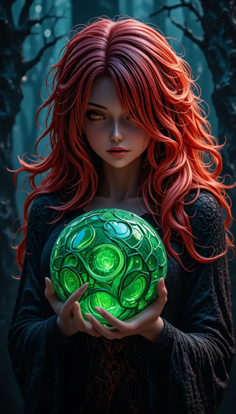 Evil witch with glowing green orb in dark forest