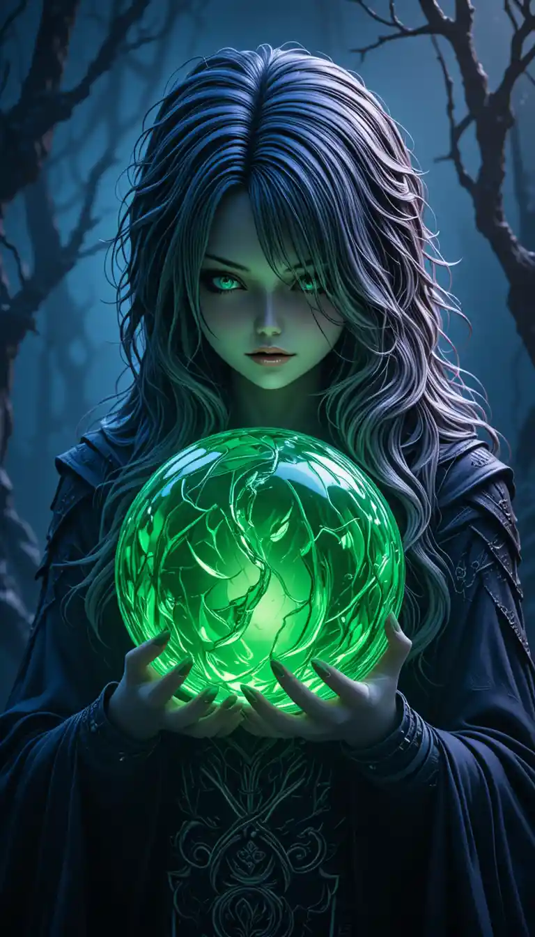 Evil witch holding a glowing green orb in dark forest