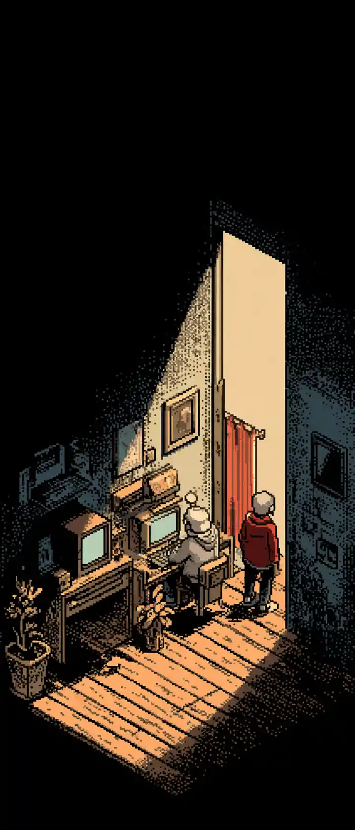 Pixel art nostalgica con due persone in una piccola stanza
