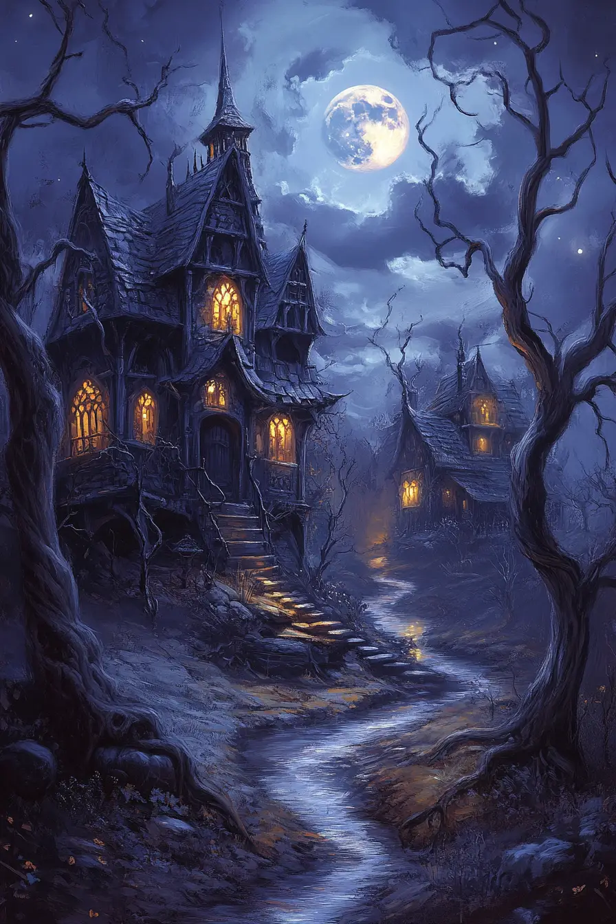 Haunting Gothic Houses Beside A Moonlit Winding Stream