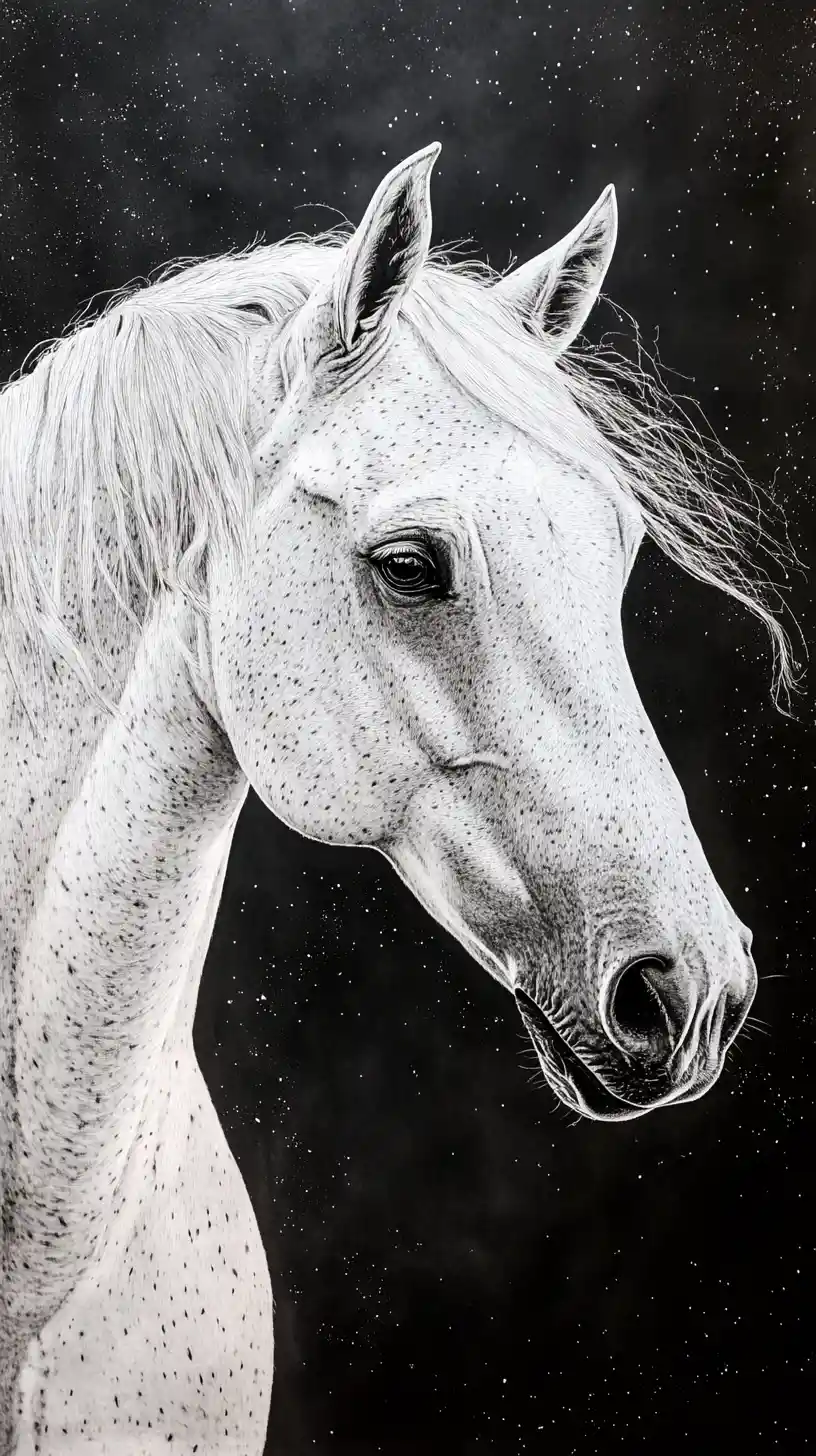 Ritratto di cavallo arabo bianco su sfondo cosmico nero