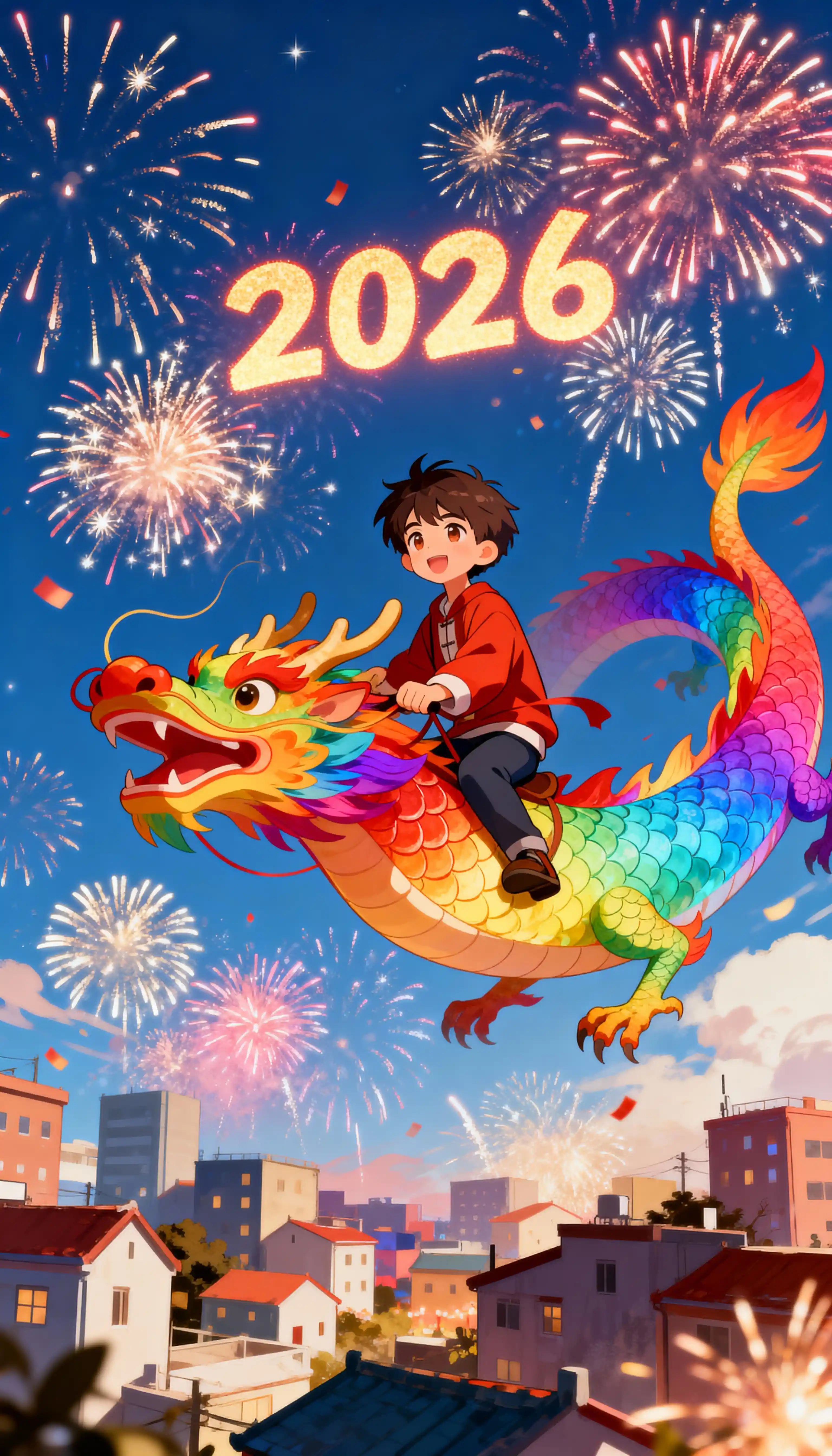 Anime boy riding a rainbow dragon through fireworks sky