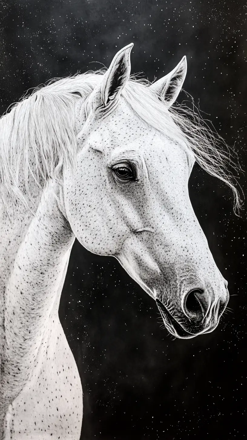 White arabian horse portrait on black cosmic background