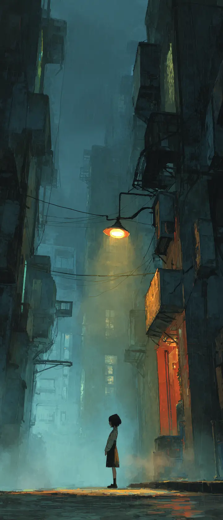 Young woman standing alone under a misty streetlamp