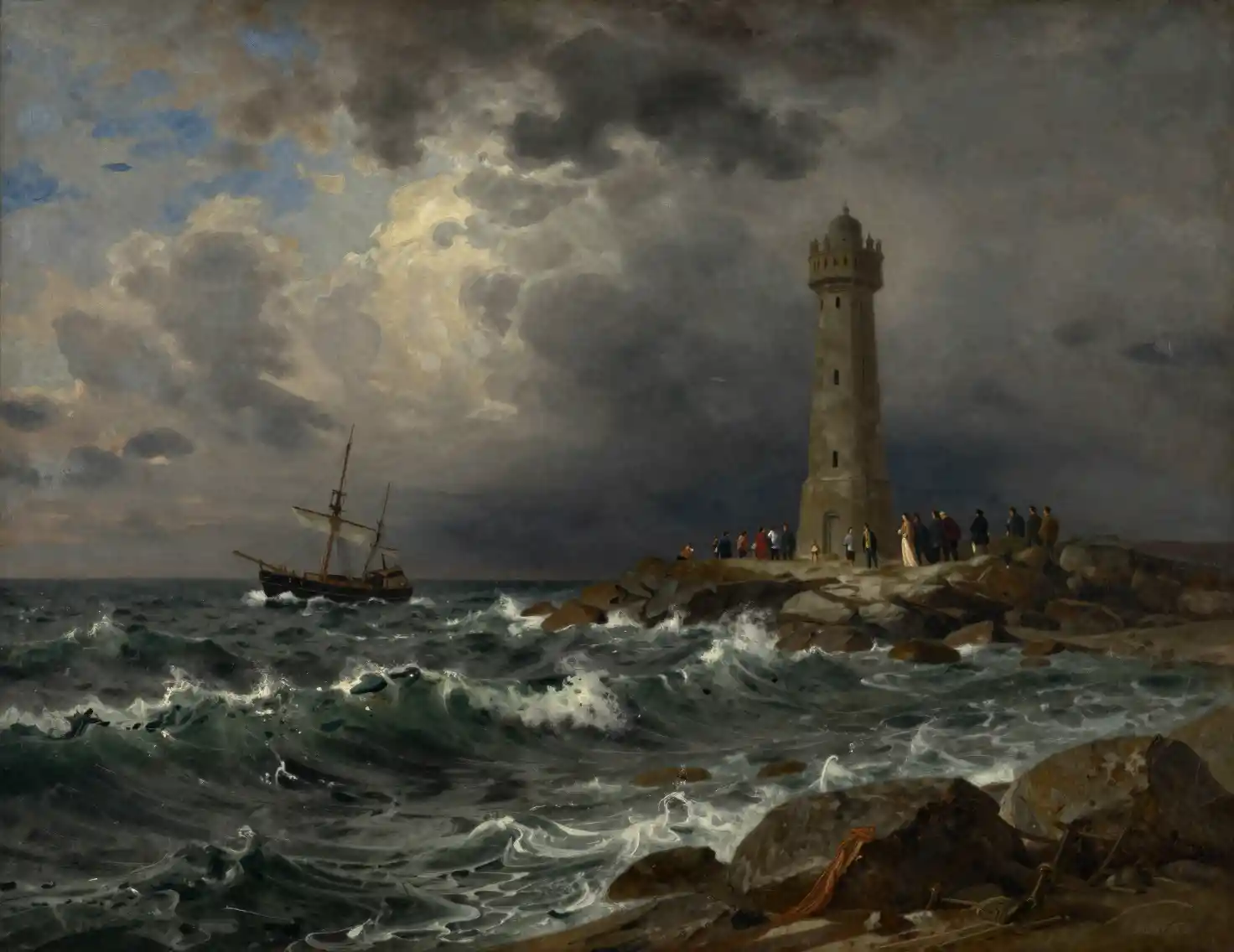 Mare Tempestoso con Nave e Torre su Costa Rocciosa