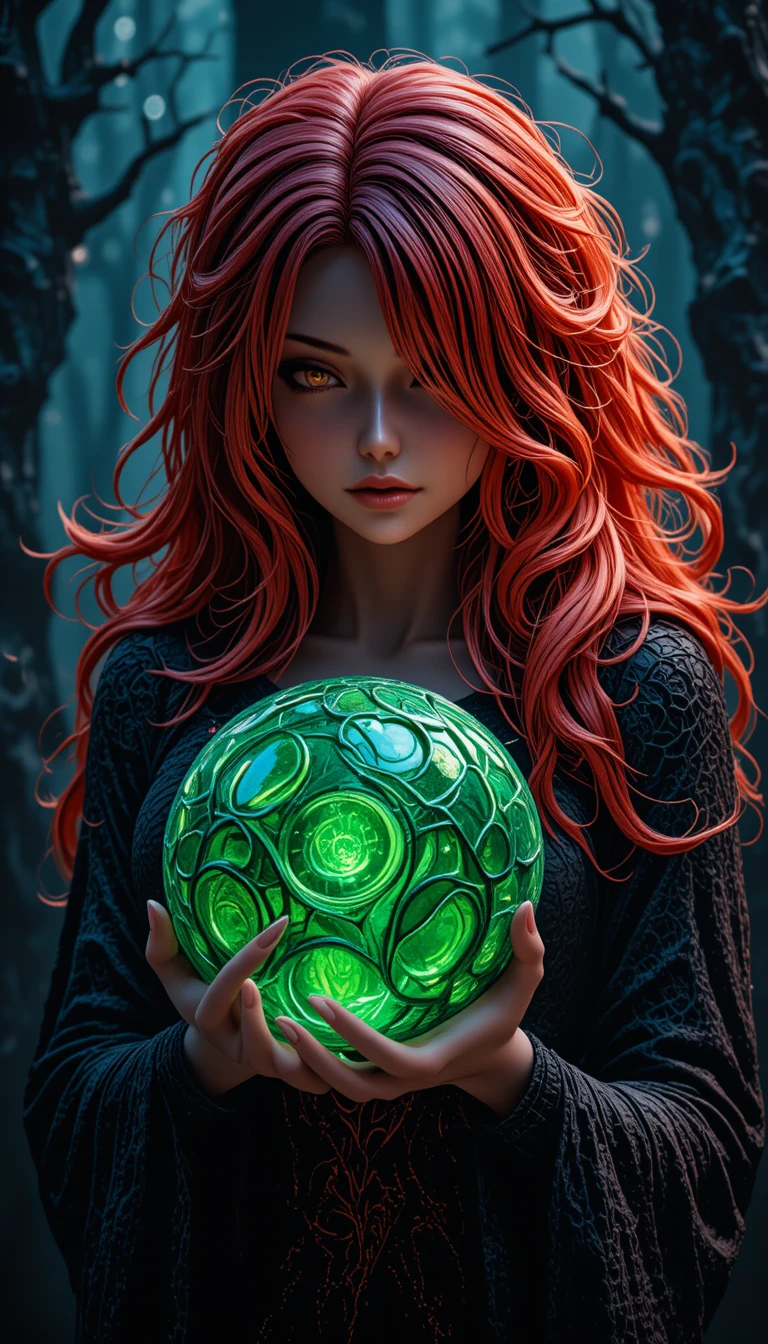 Evil witch with glowing green orb in dark forest
