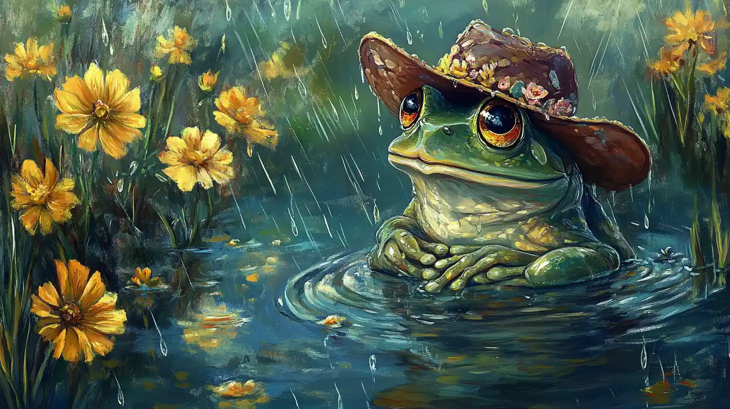 Victorian frog in a hat sitting thoughtfully in a meadow