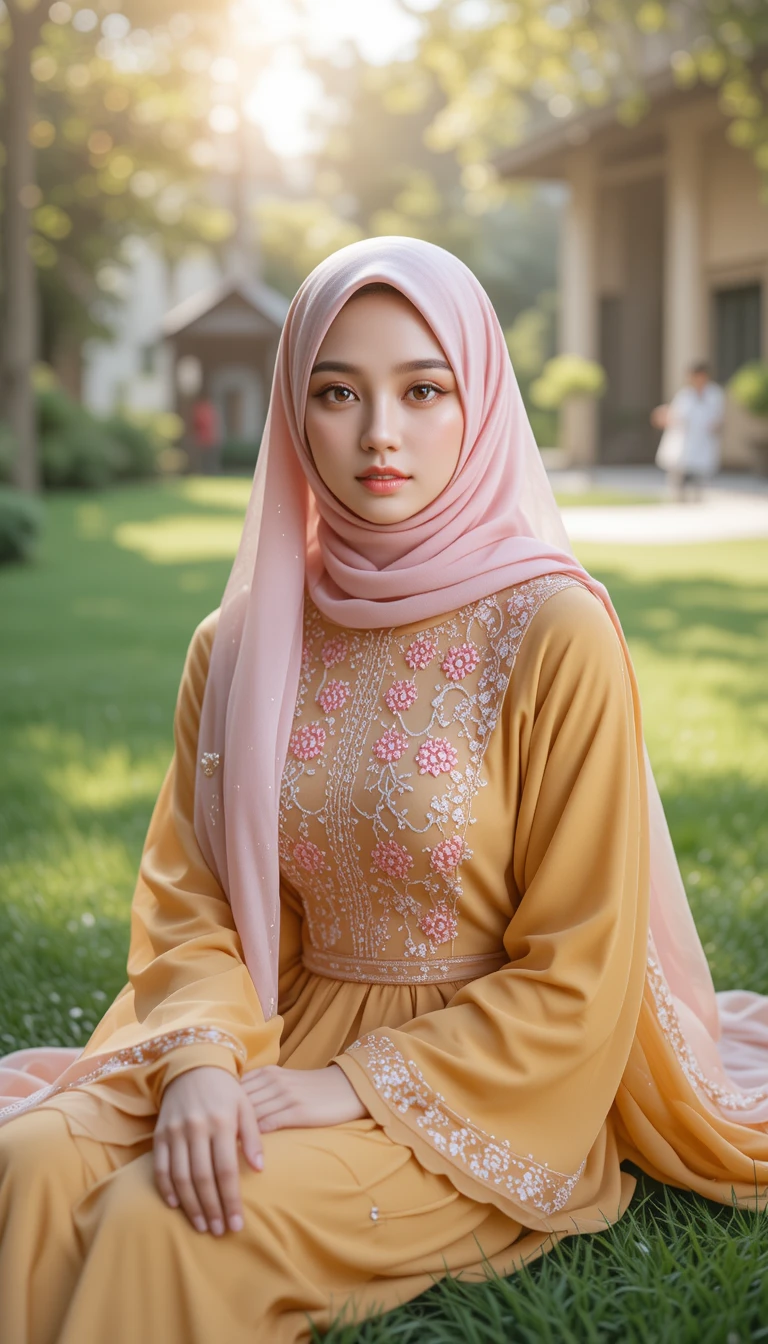 Young woman in mustard outfit sitting on green grass