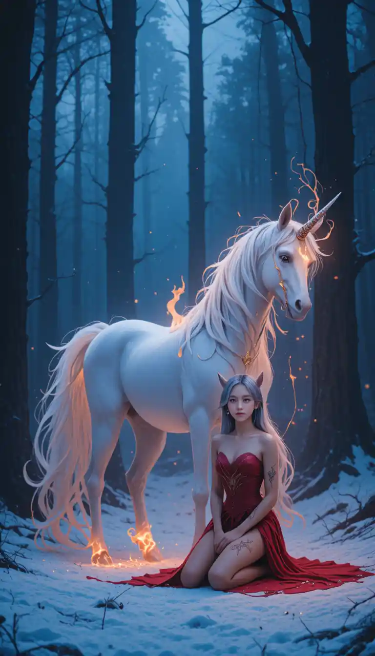 Einhorn und Elfe in einem feurigen verzauberten Winterwald