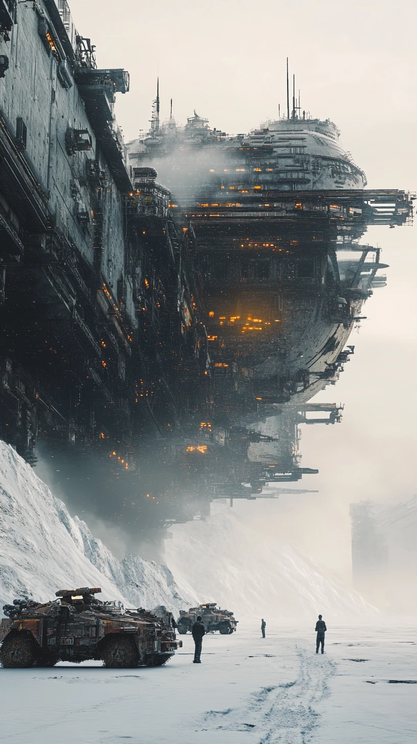 巨型科幻太空船降落在冰封雪原上