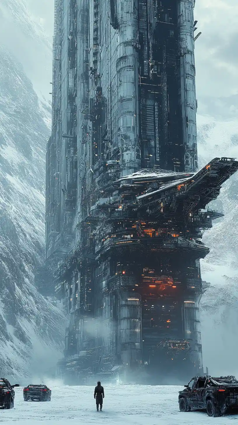 Colossal sci fi spaceship landed on a frozen wasteland