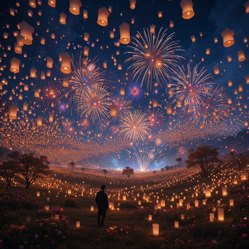 穏やかな夜空へ昇る光り輝くリバティランタン