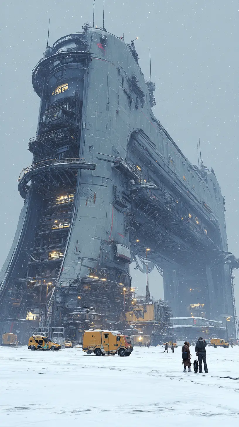 Gigantic sci fi spaceship landed on snowy icy plain