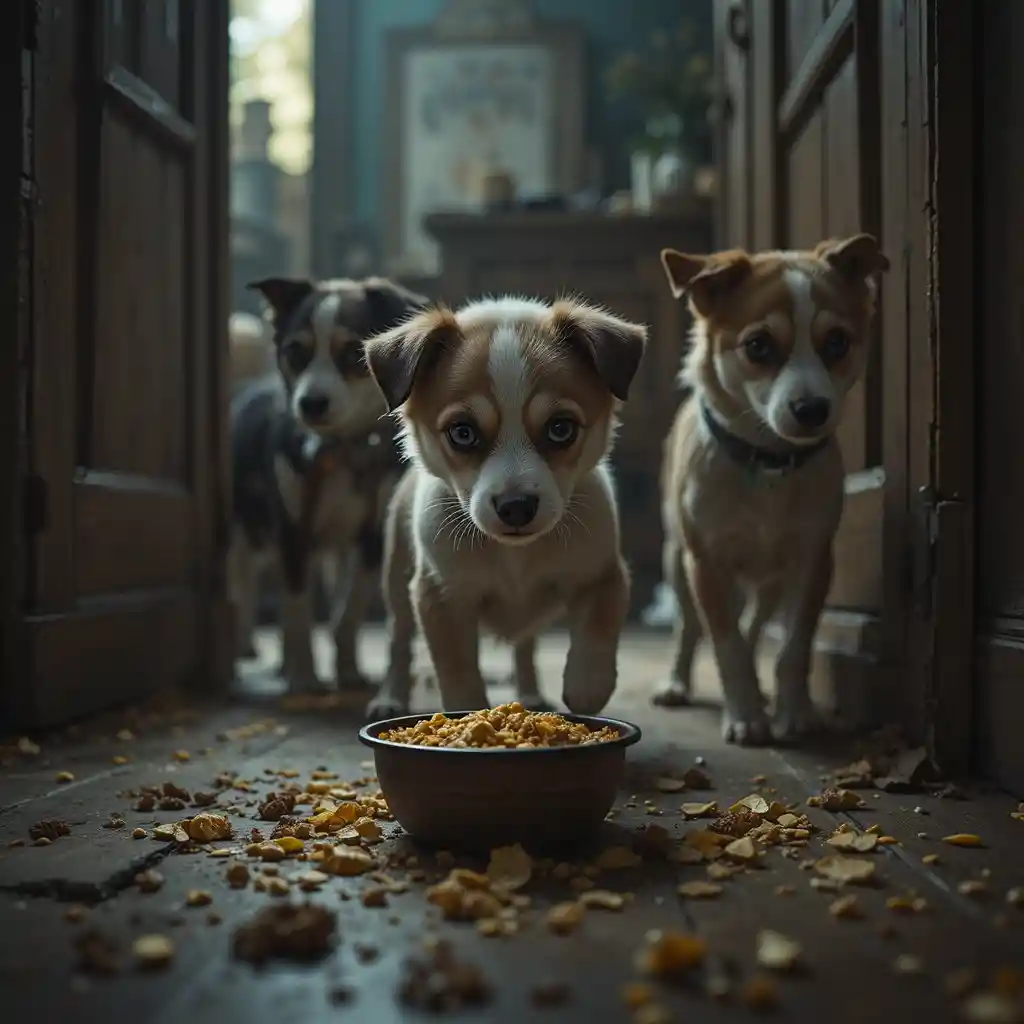 Welpe am Futter, während zwei schlaue Hunde auftauchen