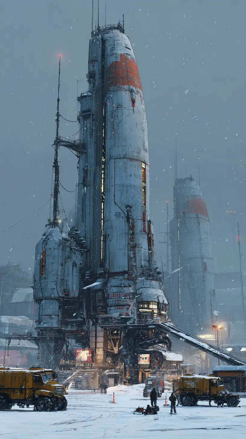 Gigantic sci fi spaceship on a frozen snow landscape