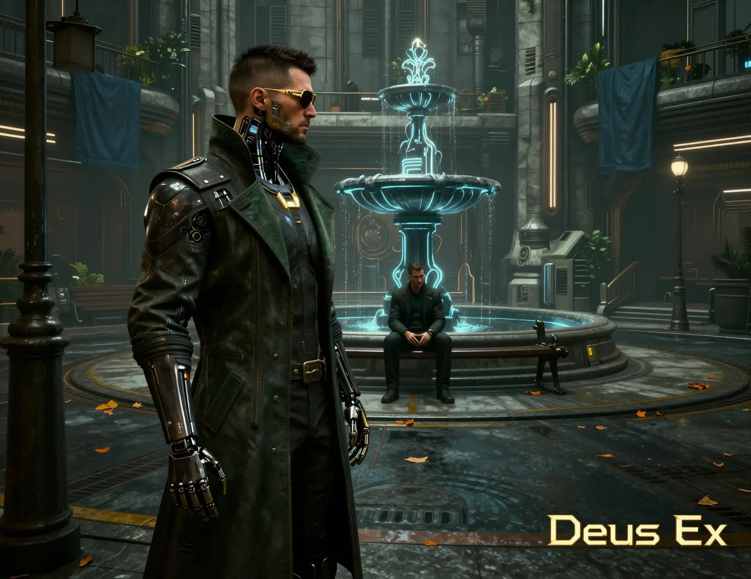 Augmented detective in a neon cyberpunk courtyard scene