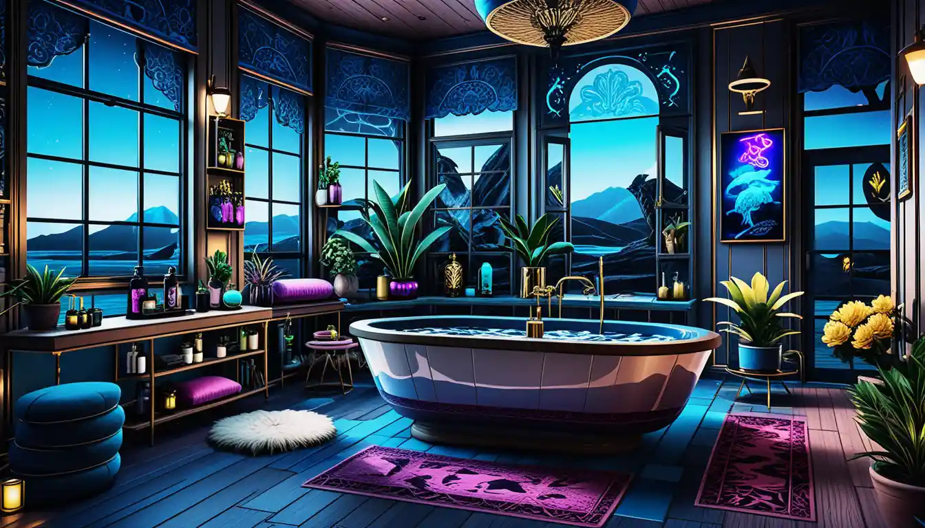 Blonde woman relaxing in a moody luxury bathroom