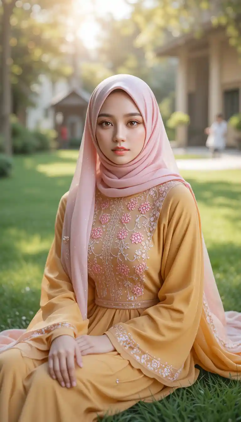 Young woman in mustard outfit sitting on green grass
