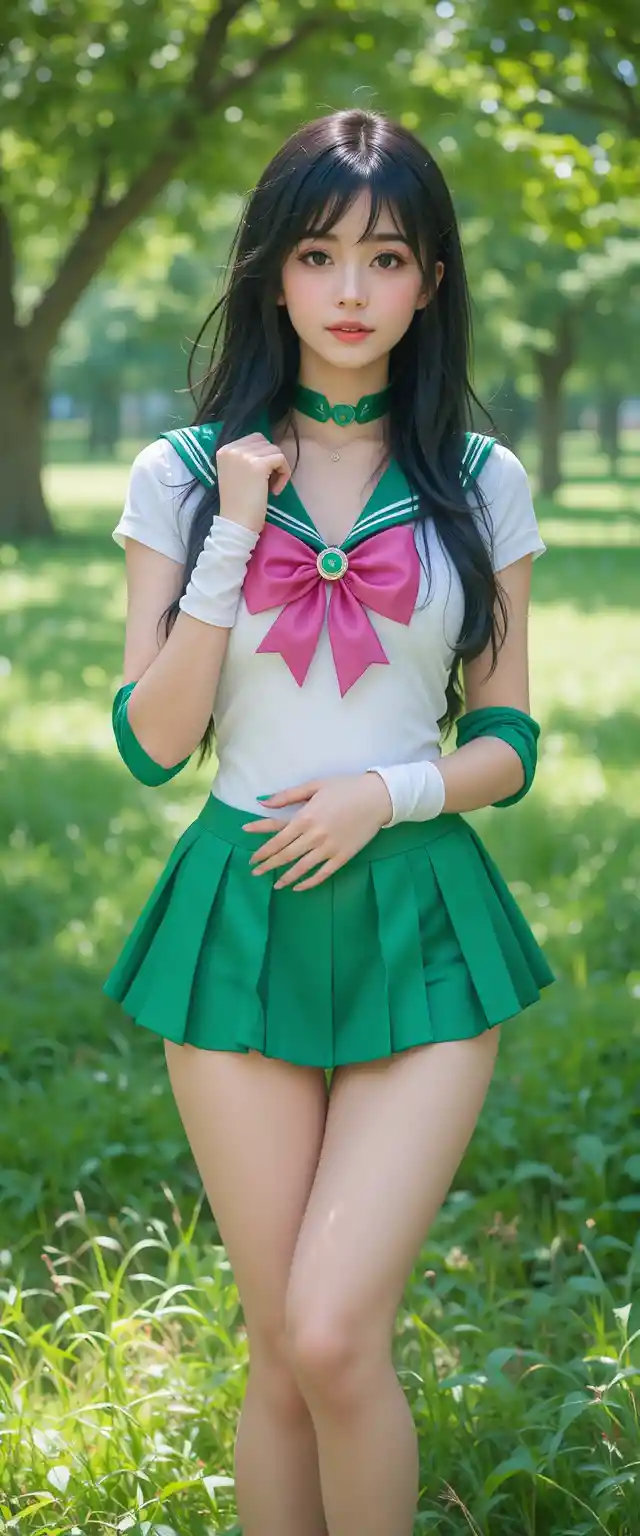 Anime girl in sailor style outfit relaxing in green park