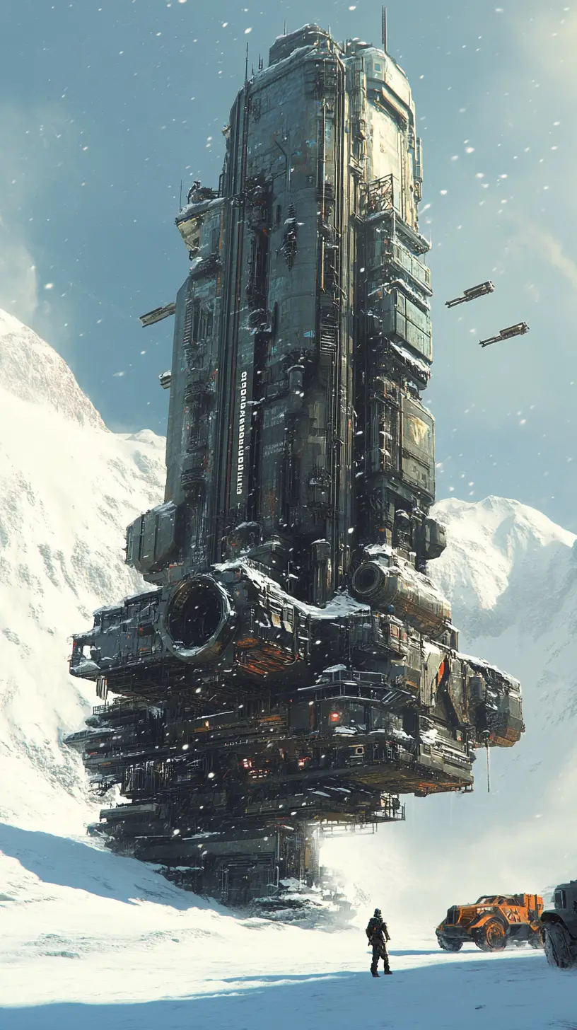 Gigantic sci fi spaceship landed on frozen snowfield