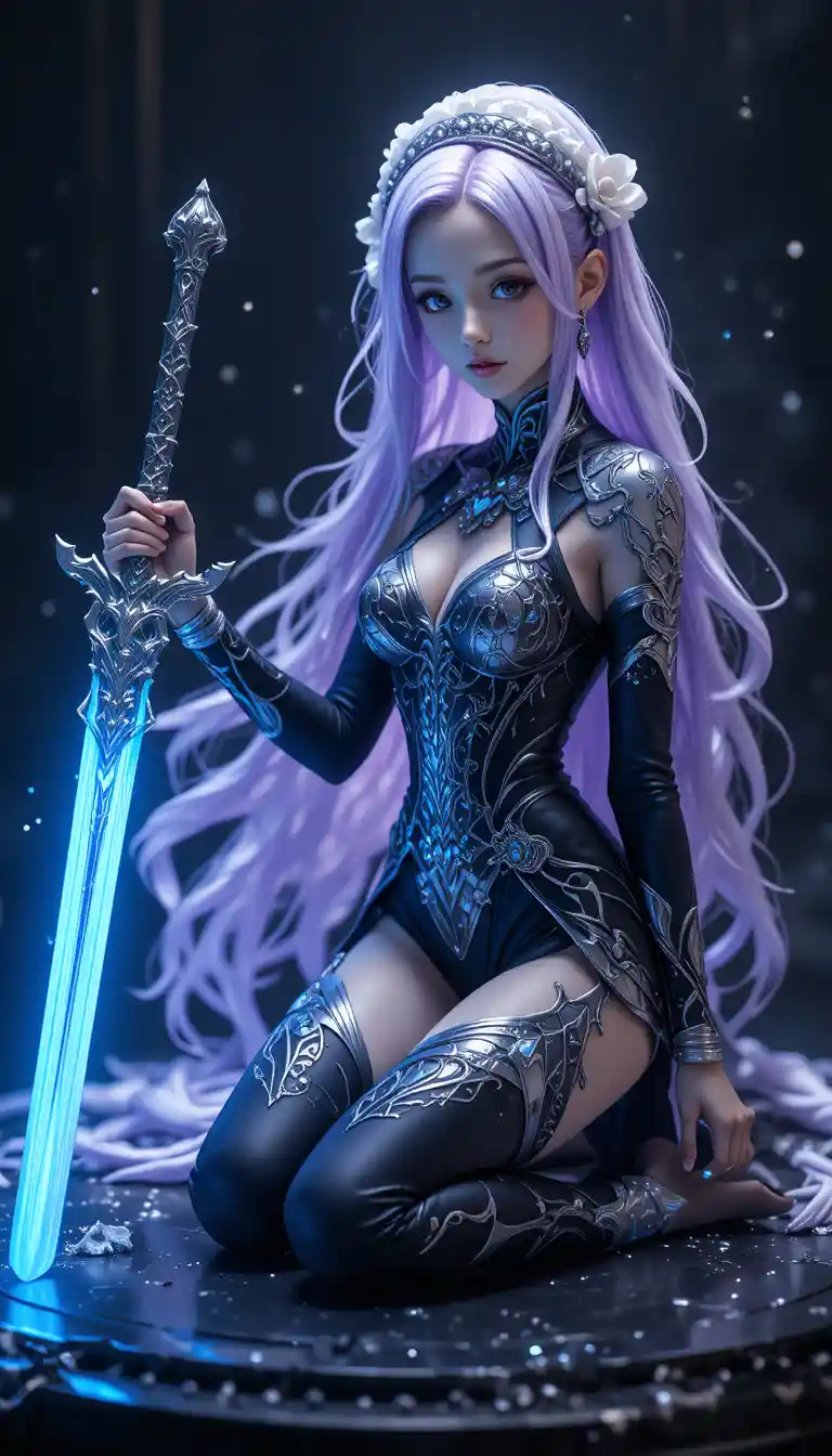 Fantasy warrior woman kneeling with glowing blue sword