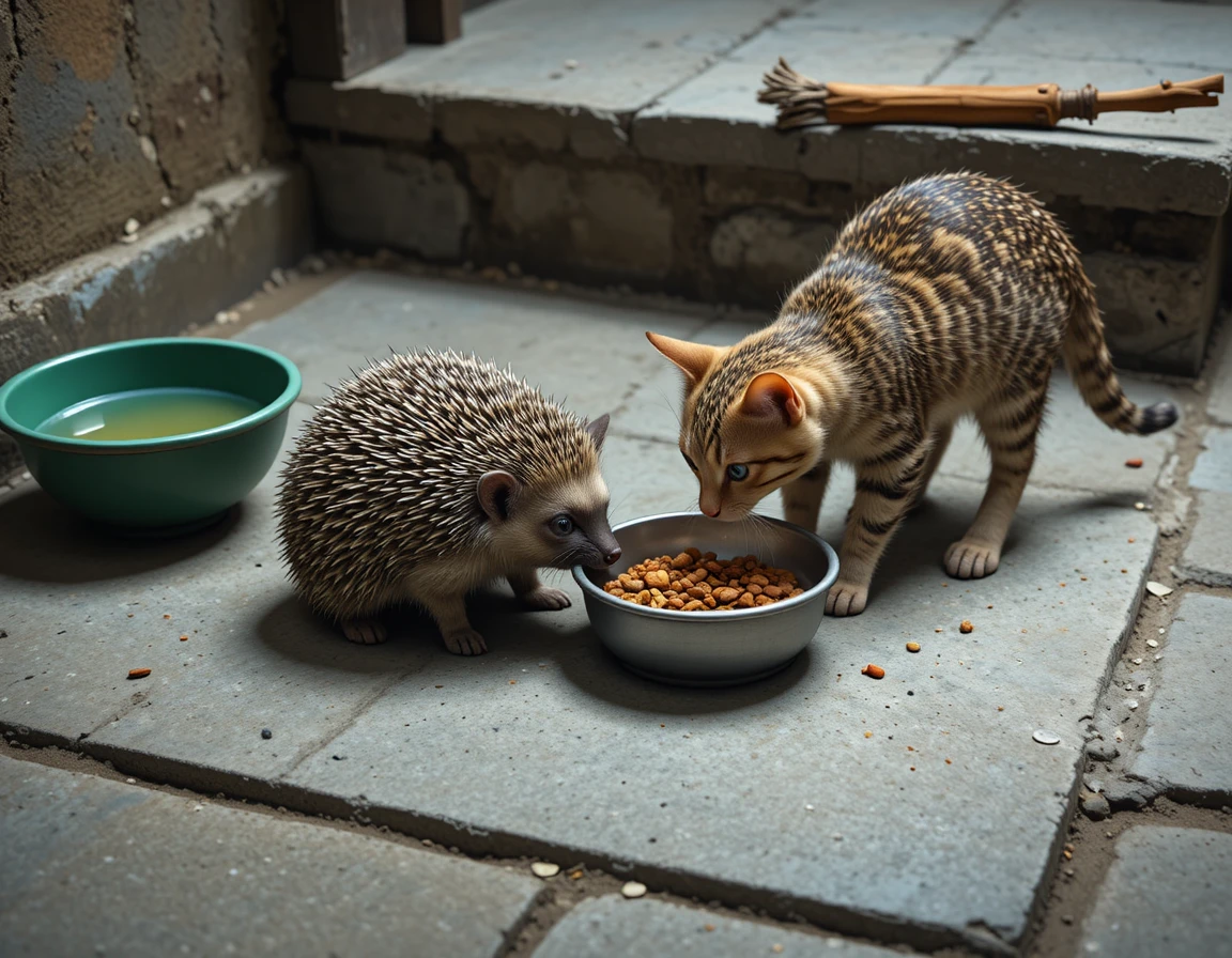 Riccio e gatto che condividono le ciotole sul ruvido pavimento in cemento