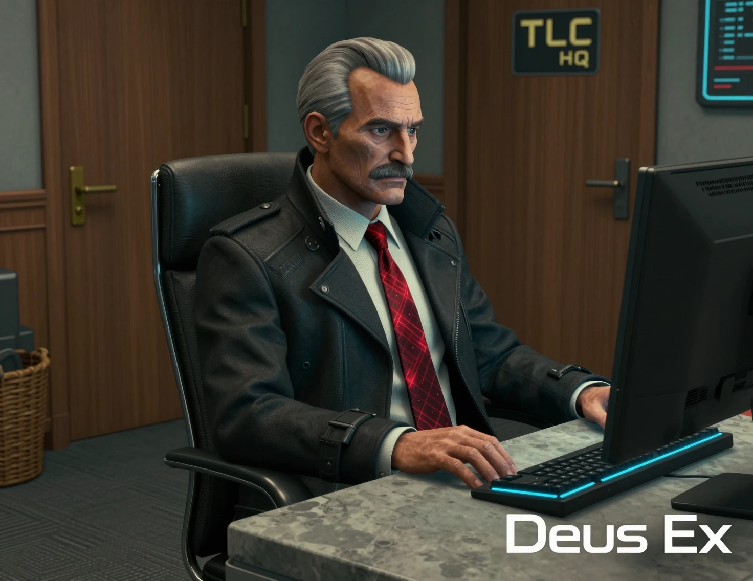 Homme d’affaires âgé dans un bureau cyberpunk néon à son bureau