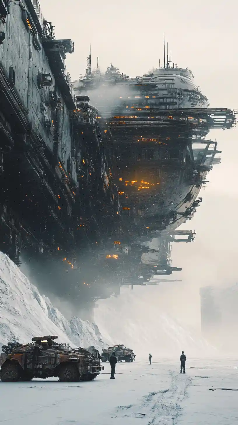 Gigantesca nave espacial sci‑fi pousada em planície nevada congelada