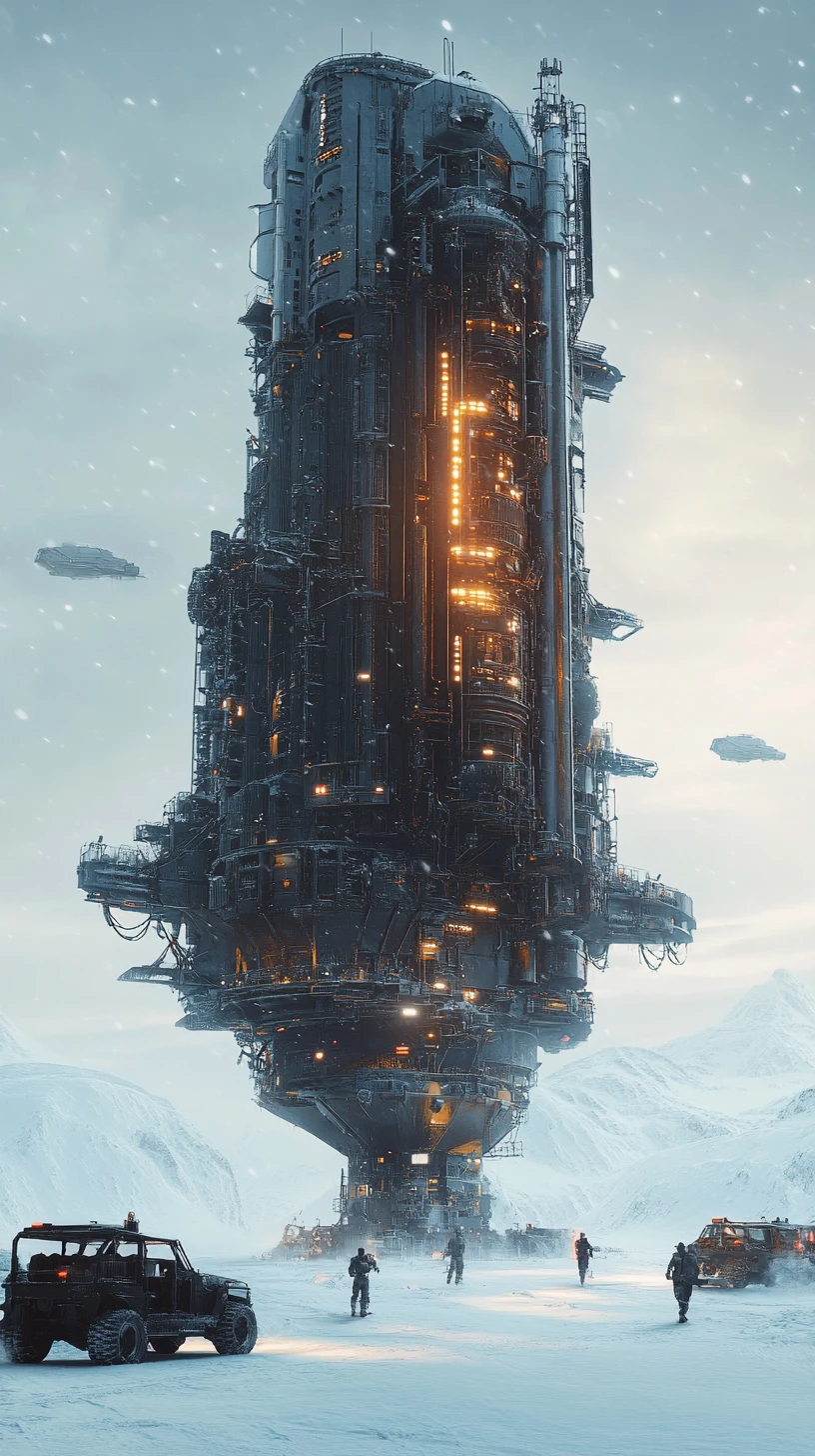 Nave espacial de ciencia ficción gigantesca aterrizada en una llanura helada y nevada