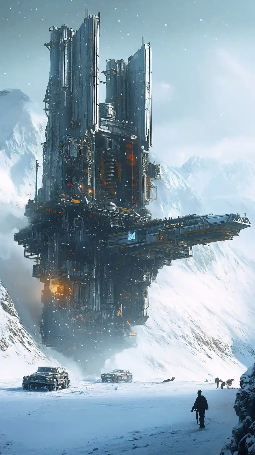 Kolossales Sci-Fi-Raumschiff landet auf endloser verschneiter Eisfläche