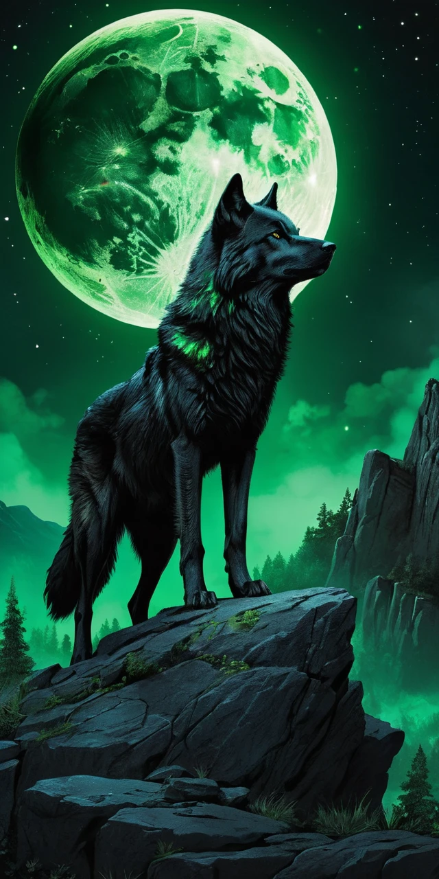 Lobo negro bajo una luna llena verde y brillante sobre rocas