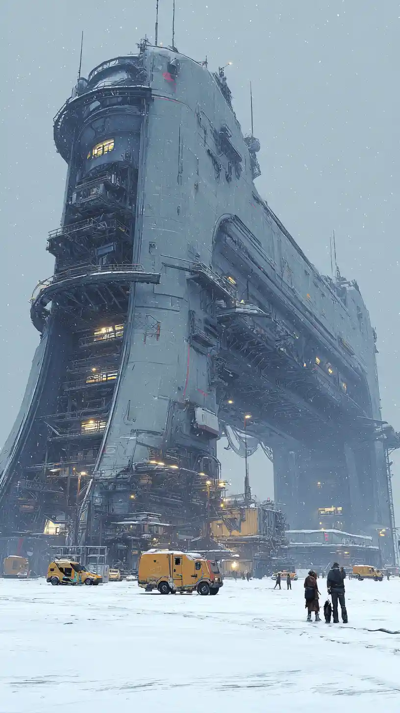 Vaisseau spatial de science-fiction gigantesque posé sur une plaine enneigée et glacée