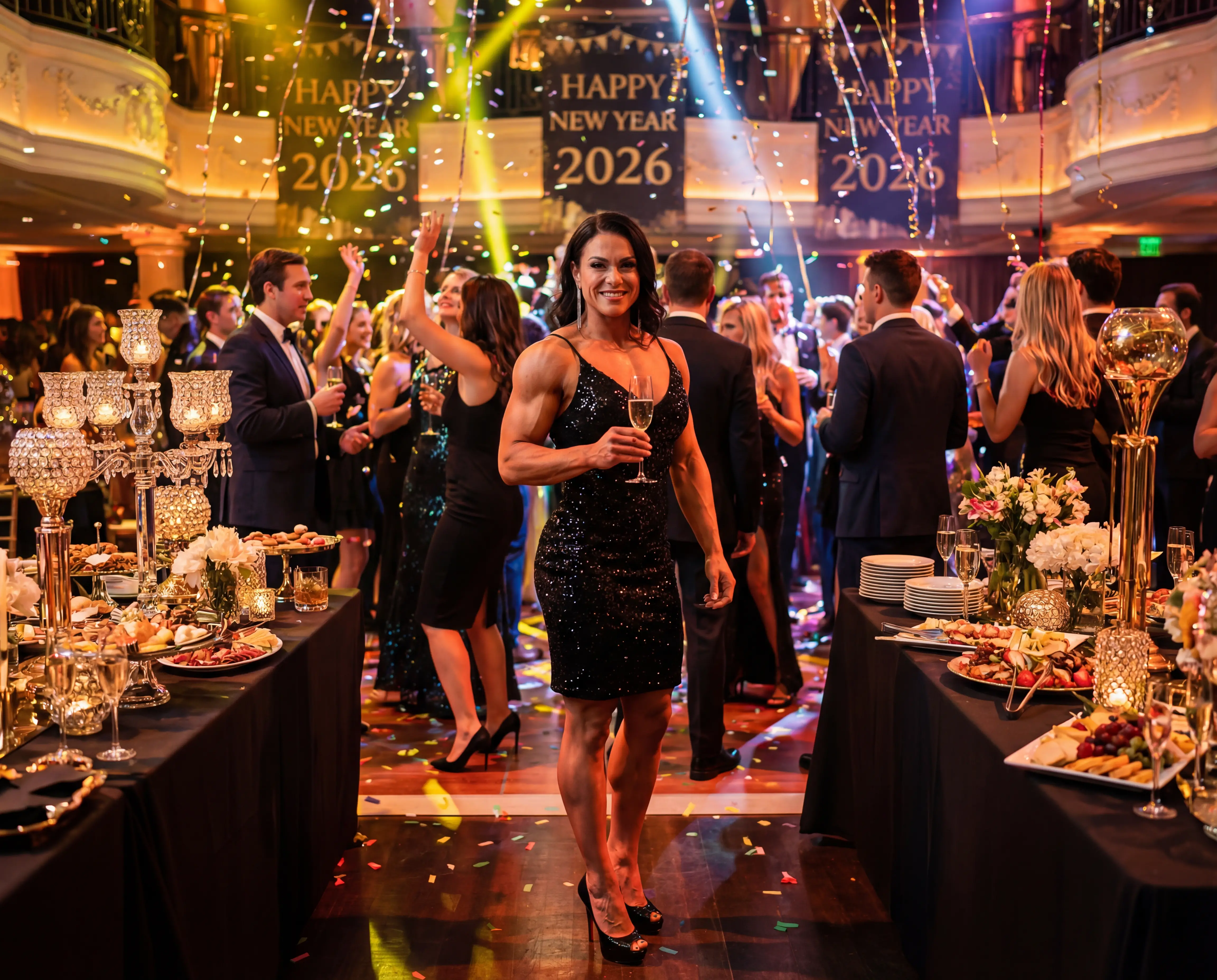 Femme sûre d’elle en robe noire à une soirée du Nouvel An