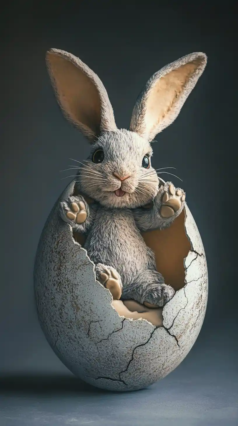 Rabbit emerging from a cracked giant easter egg shell