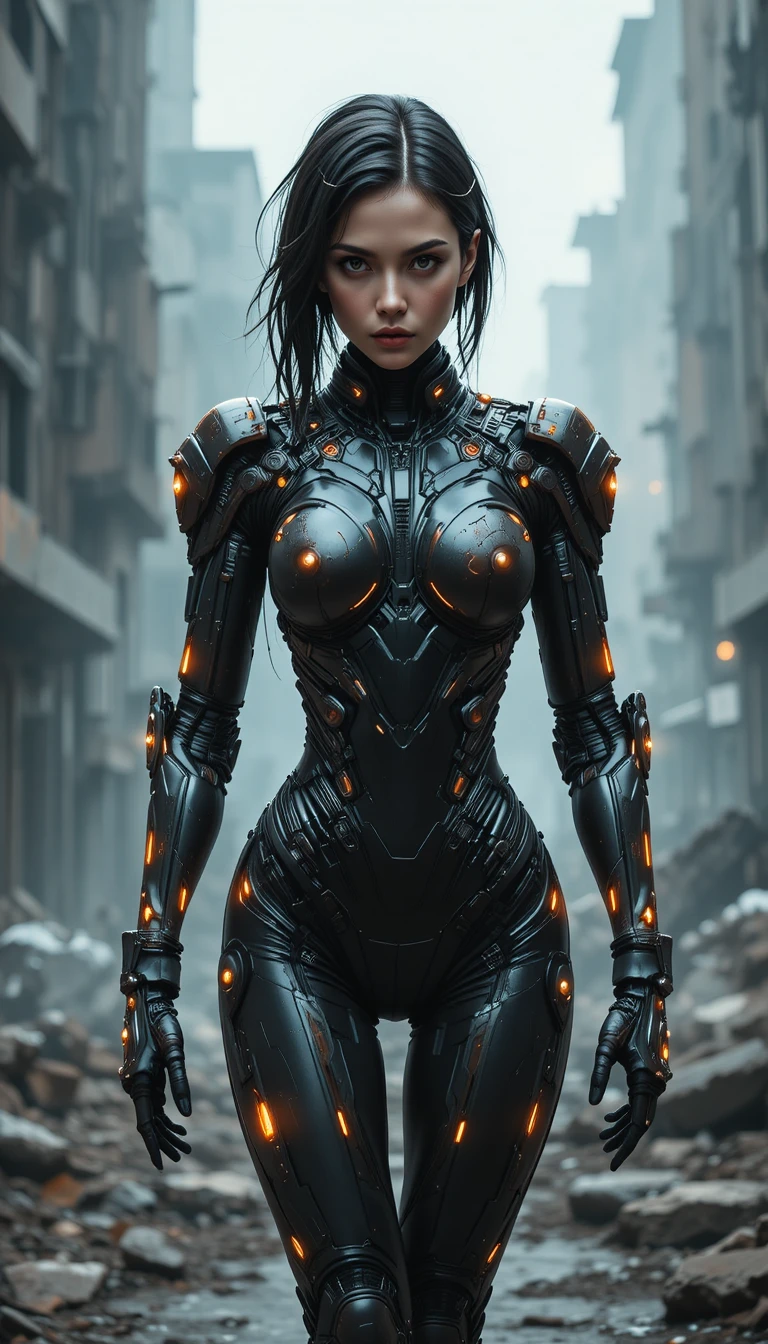 Cyborg féminine dans une rue brumeuse d’une ville dystopique